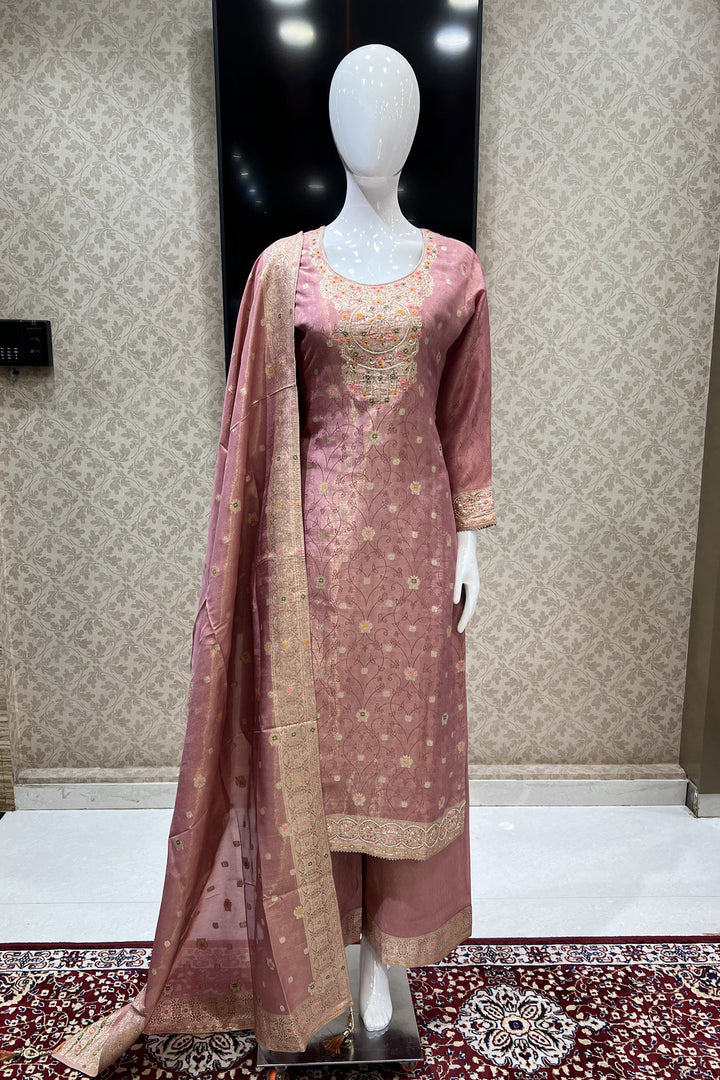 Onion Pink Banaras, Sequins and Multicolor Thread work Salwar Suit with Palazzo Pants