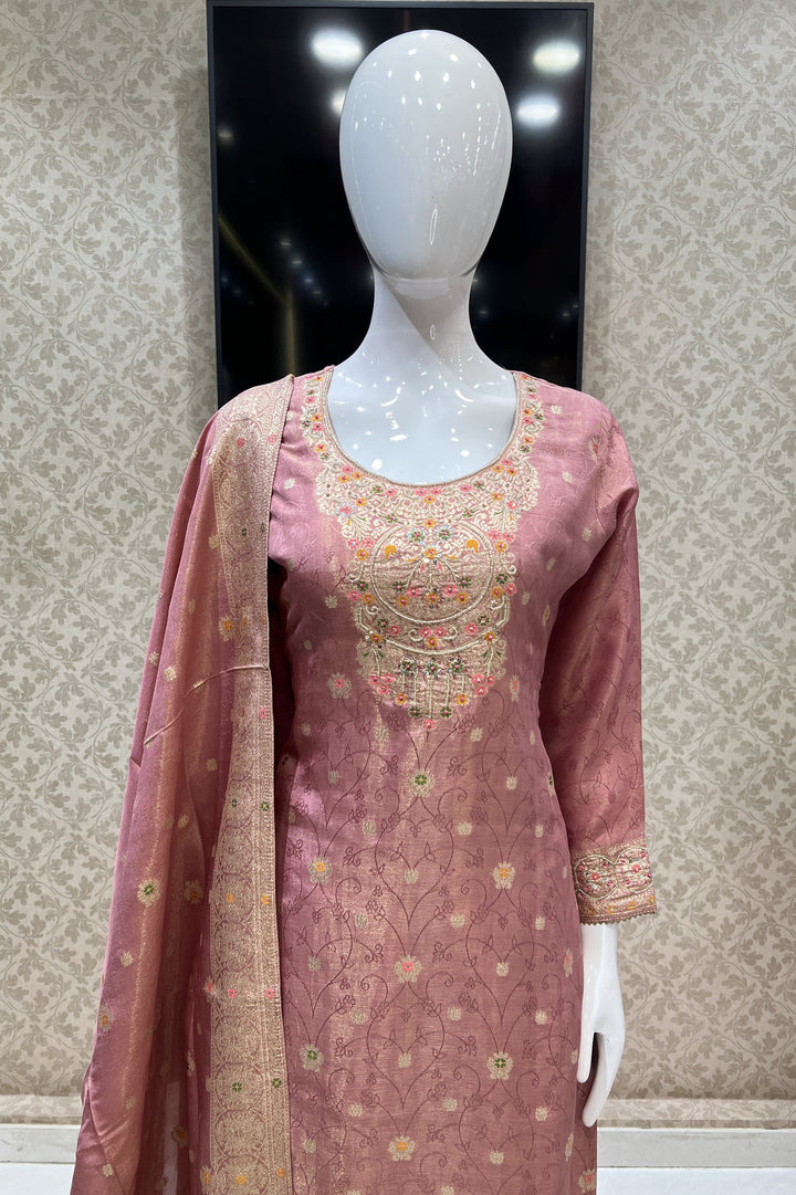 Onion Pink Banaras, Sequins and Multicolor Thread work Salwar Suit with Palazzo Pants