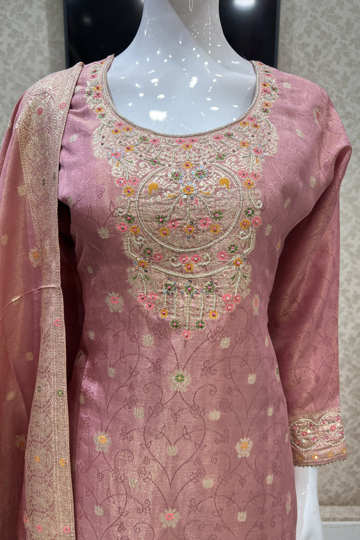 Onion Pink Banaras, Sequins and Multicolor Thread work Salwar Suit with Palazzo Pants