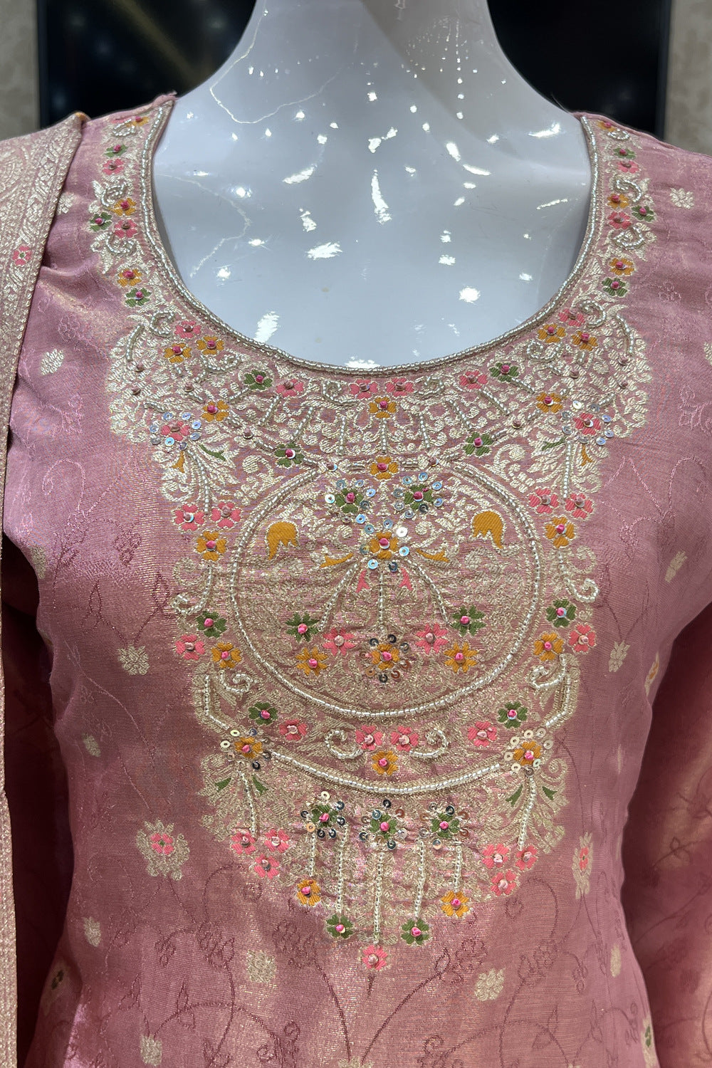 Onion Pink Banaras, Sequins and Multicolor Thread work Salwar Suit with Palazzo Pants