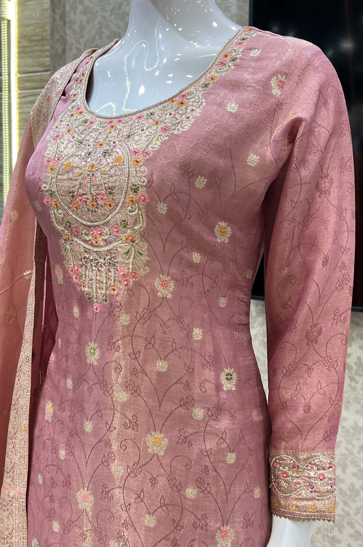 Onion Pink Banaras, Sequins and Multicolor Thread work Salwar Suit with Palazzo Pants