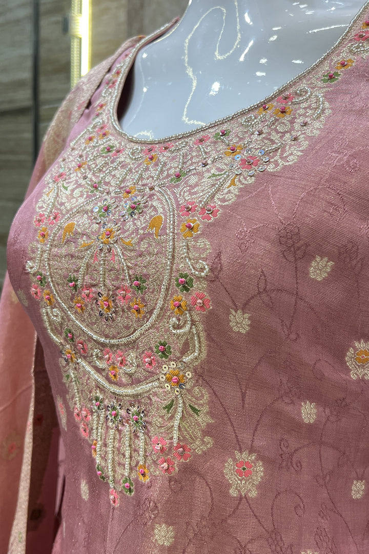 Onion Pink Banaras, Sequins and Multicolor Thread work Salwar Suit with Palazzo Pants