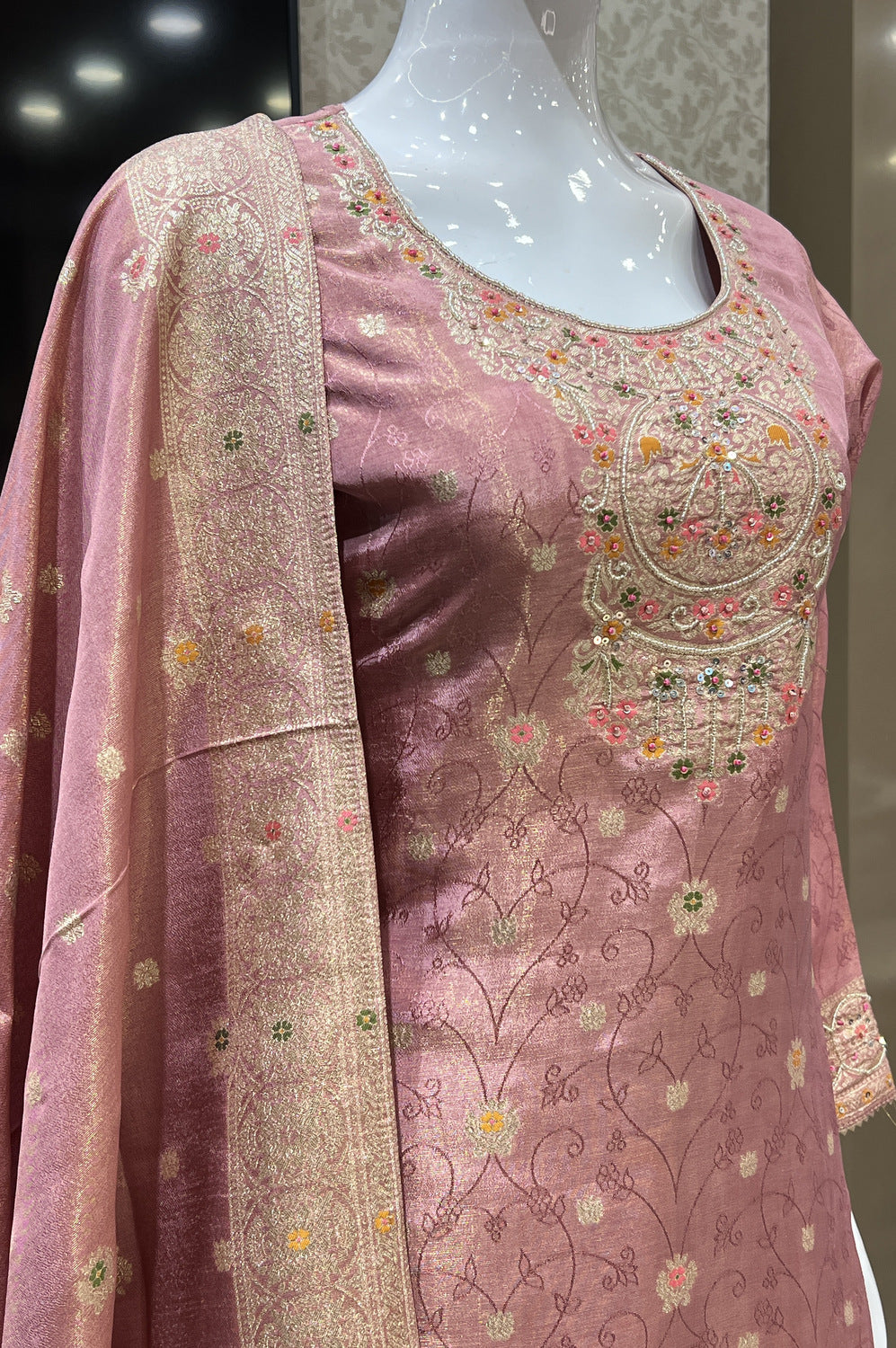 Onion Pink Banaras, Sequins and Multicolor Thread work Salwar Suit with Palazzo Pants