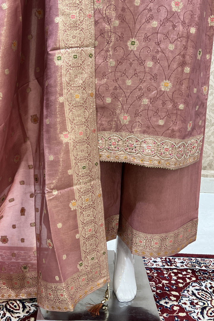 Onion Pink Banaras, Sequins and Multicolor Thread work Salwar Suit with Palazzo Pants