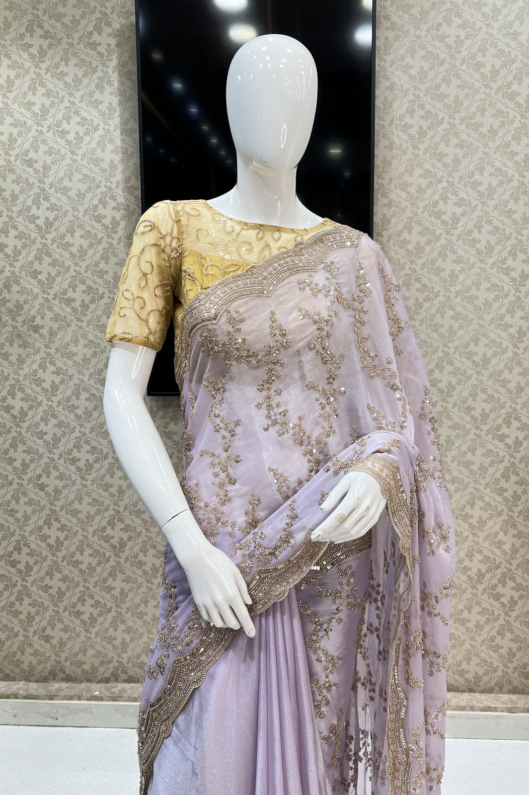 Lavender Beads and Sequins work Saree