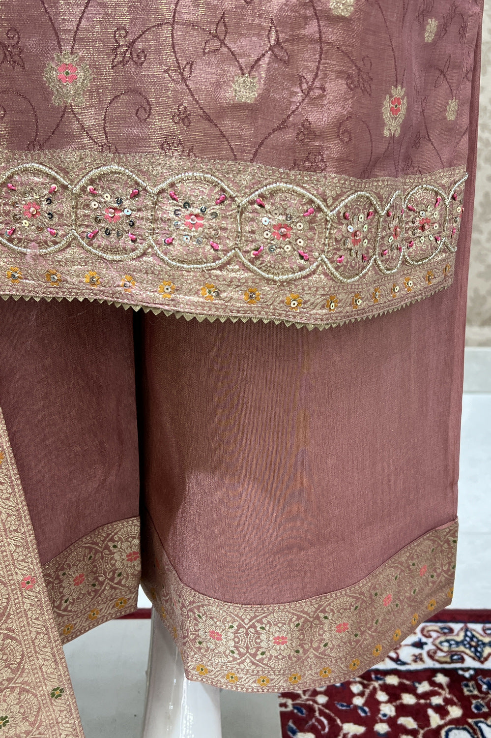 Onion Pink Banaras, Sequins and Multicolor Thread work Salwar Suit with Palazzo Pants