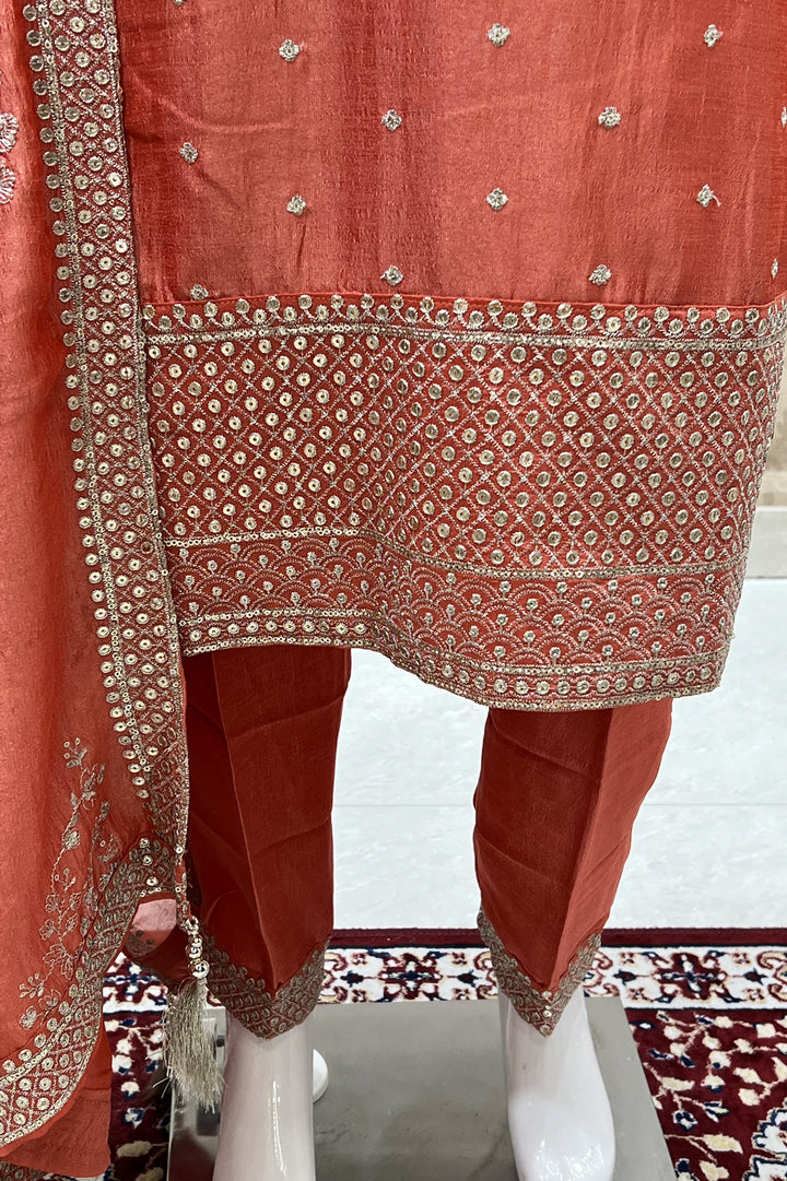 Orange Zari, Thread and Sequins work Straight Cut Salwar Suit