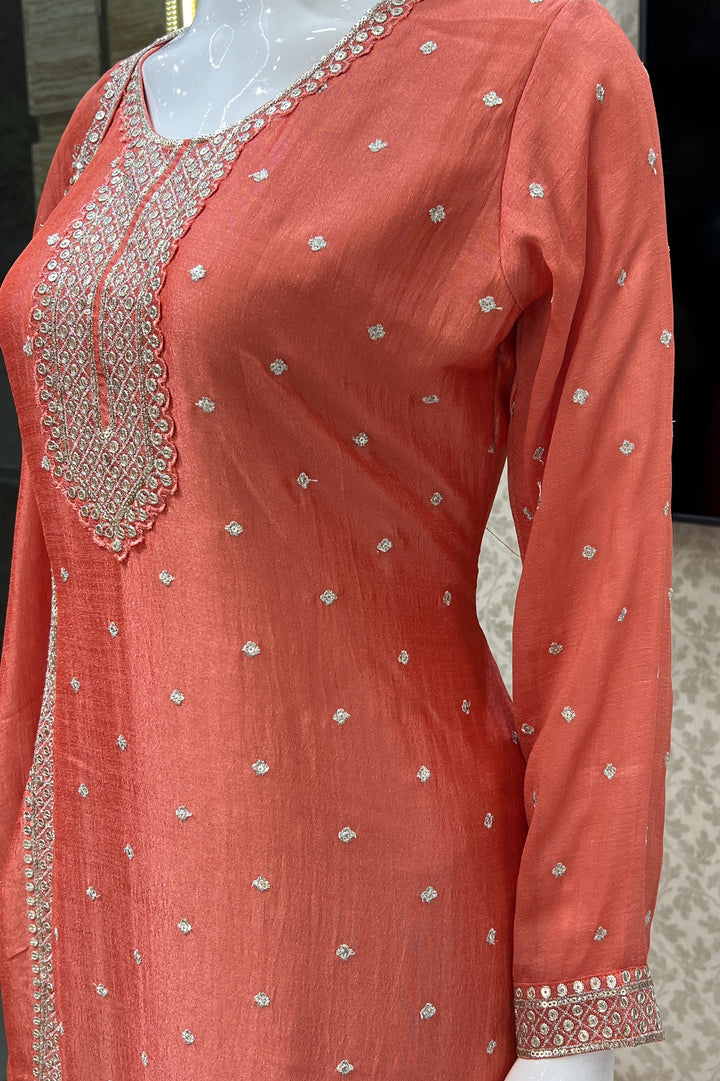 Orange Zari, Thread and Sequins work Straight Cut Salwar Suit