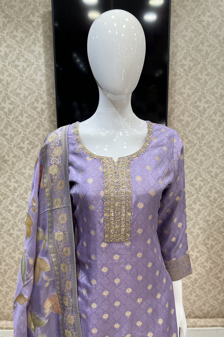 Lavender Banaras, Zardozi, Sequins and Thread work Straight Cut Salwar Suit