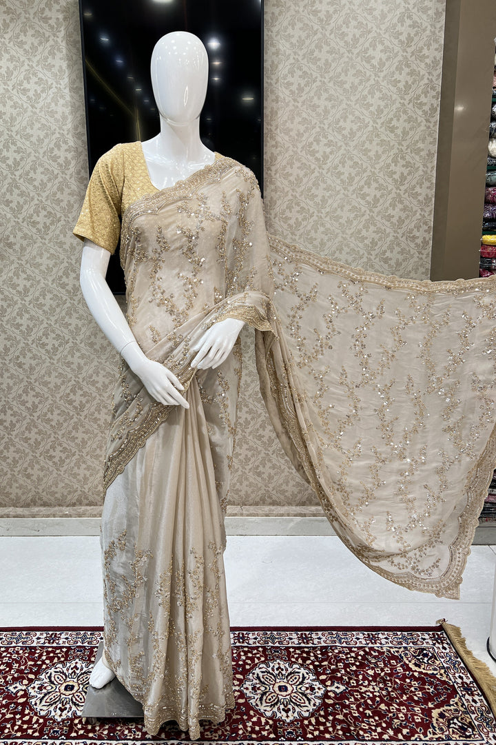 Beige Beads and Sequins work Saree