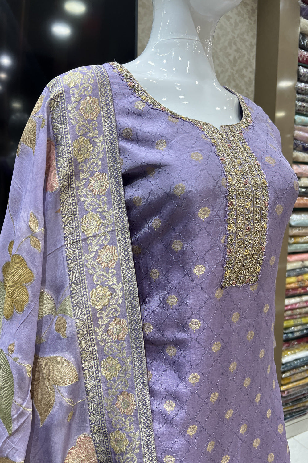 Lavender Banaras, Zardozi, Sequins and Thread work Straight Cut Salwar Suit