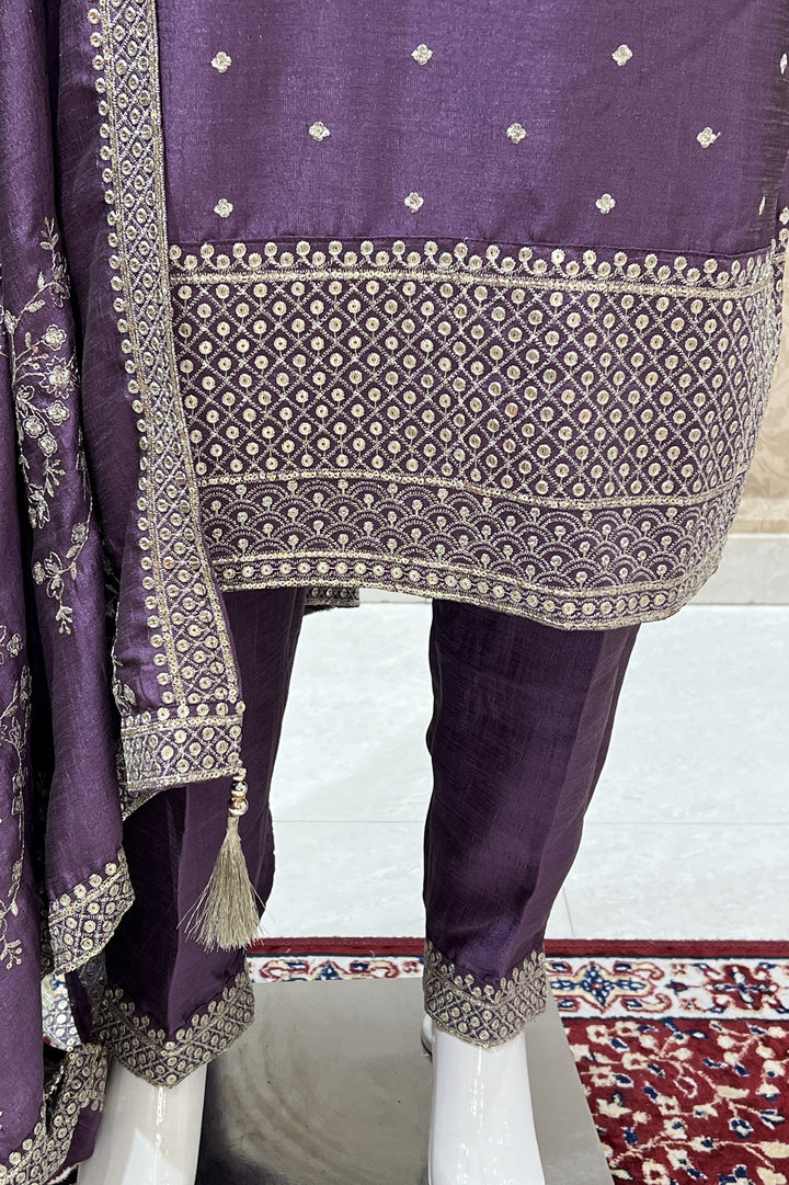 Purple Zari, Thread and Sequins work Straight Cut Salwar Suit