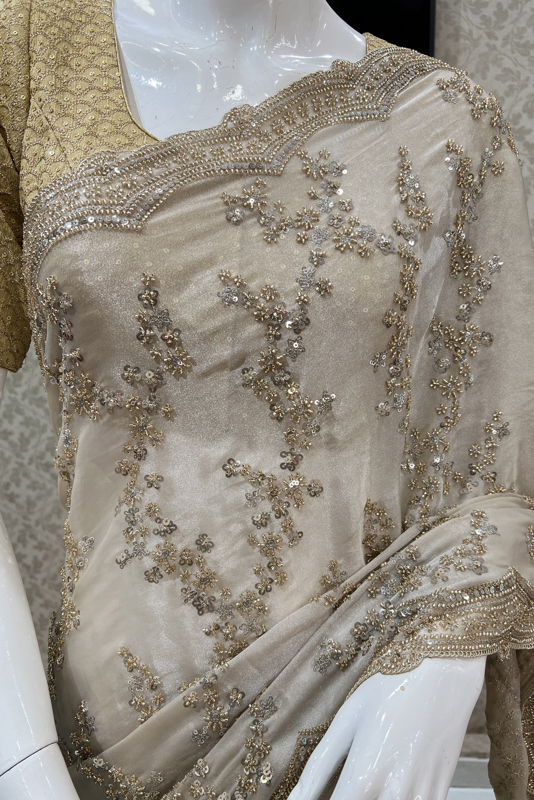 Beige Beads and Sequins work Saree