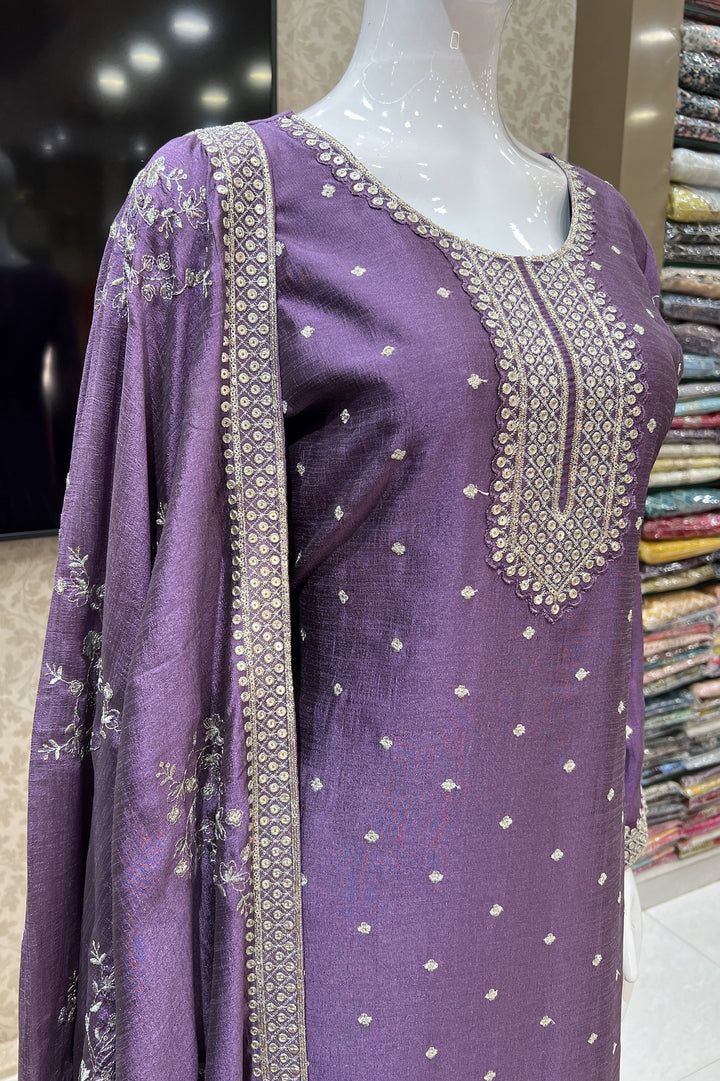 Purple Zari, Thread and Sequins work Straight Cut Salwar Suit