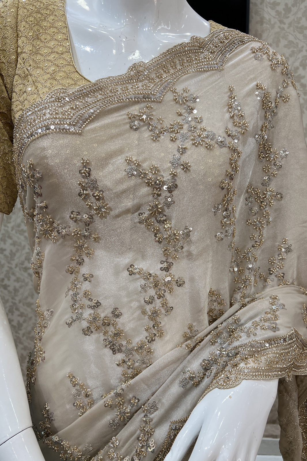 Beige Beads and Sequins work Saree