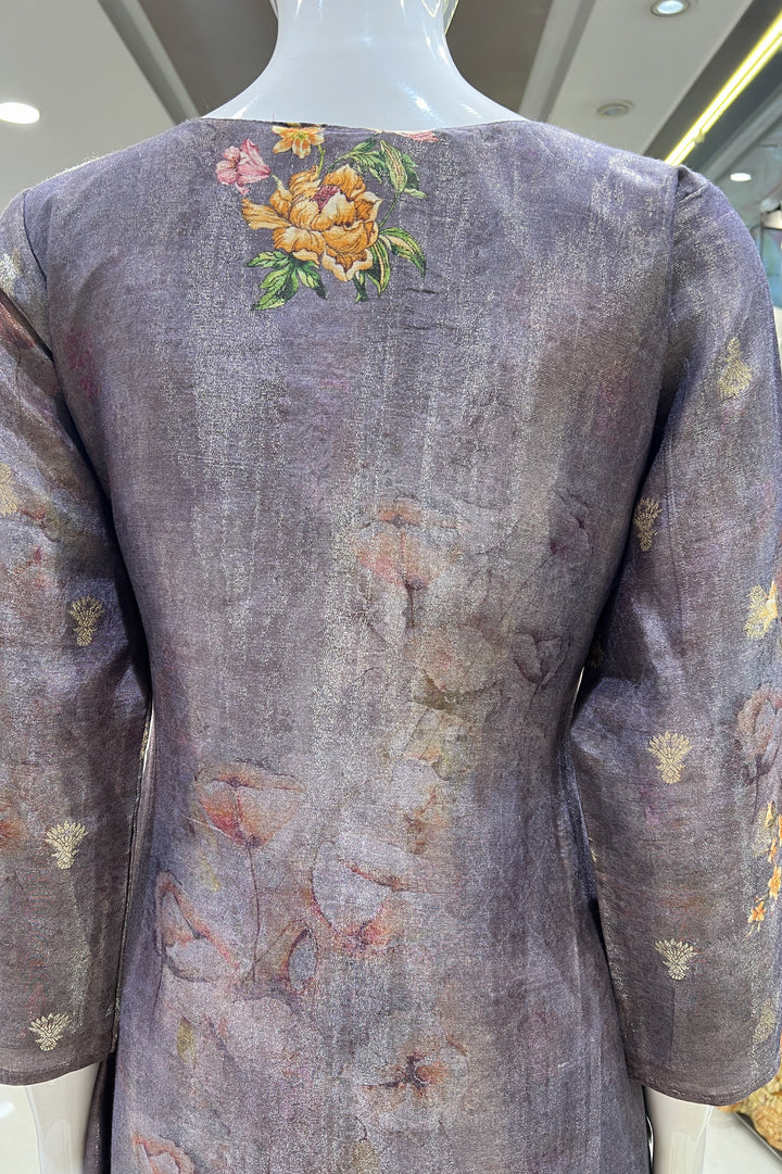 Lilac Banaras, Zardozi and Thread work with Floral Print Straight Cut Salwar Suit