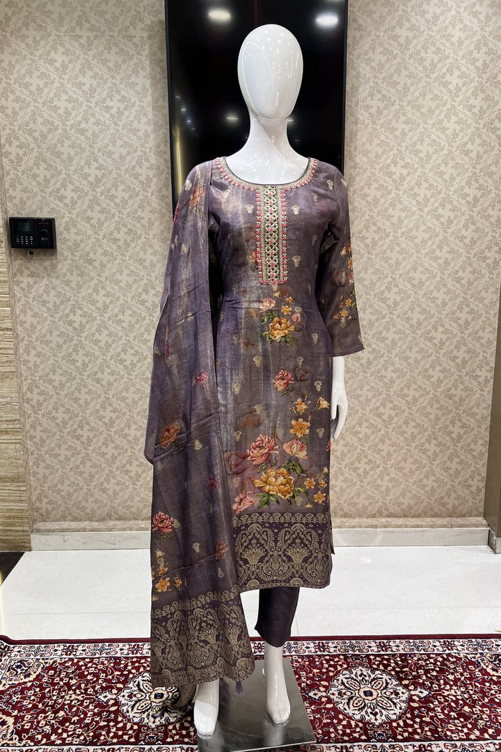 Lilac Banaras, Zardozi and Thread work with Floral Print Straight Cut Salwar Suit