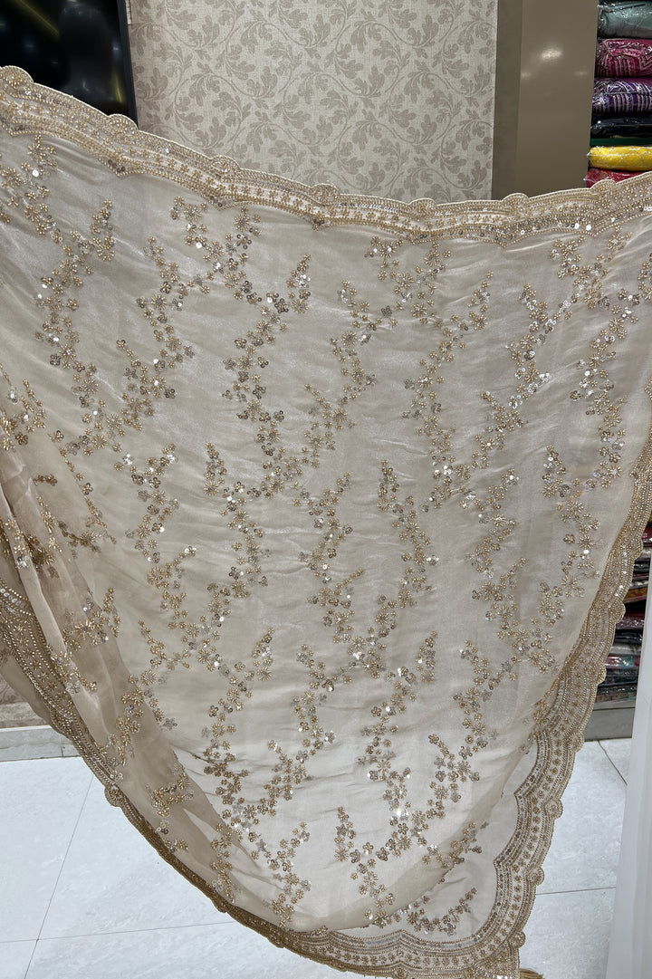 Beige Beads and Sequins work Saree