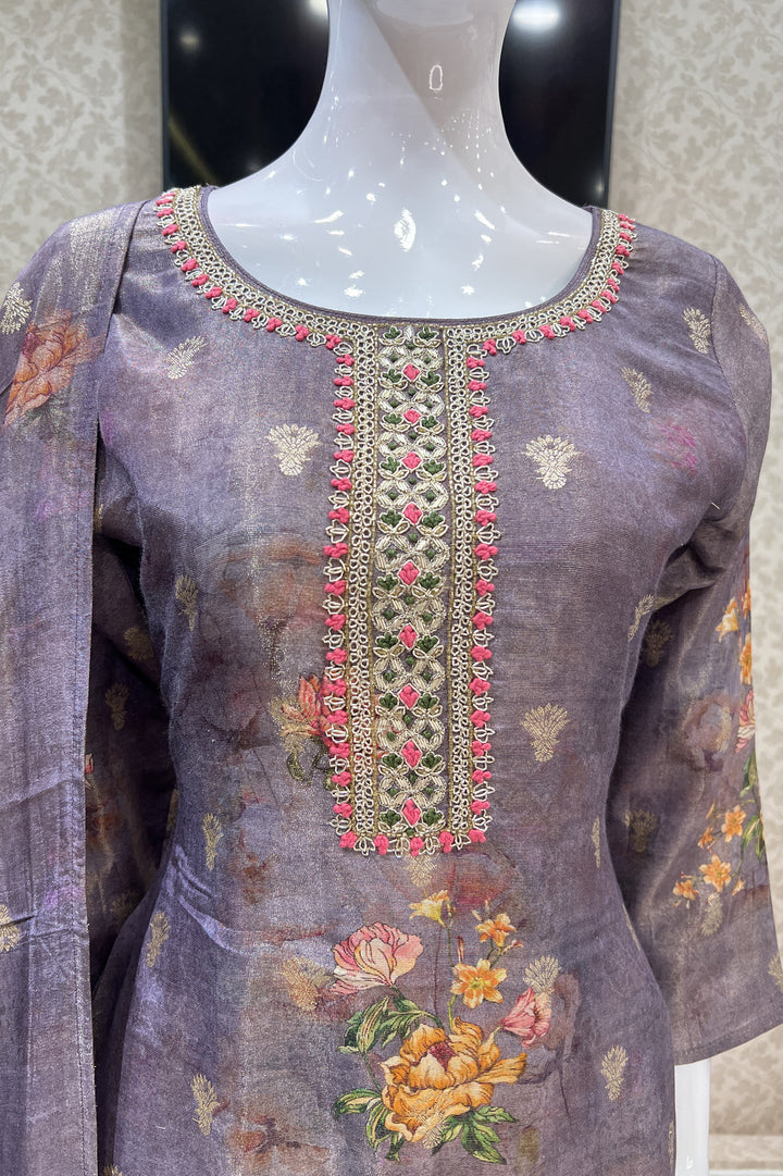 Lilac Banaras, Zardozi and Thread work with Floral Print Straight Cut Salwar Suit