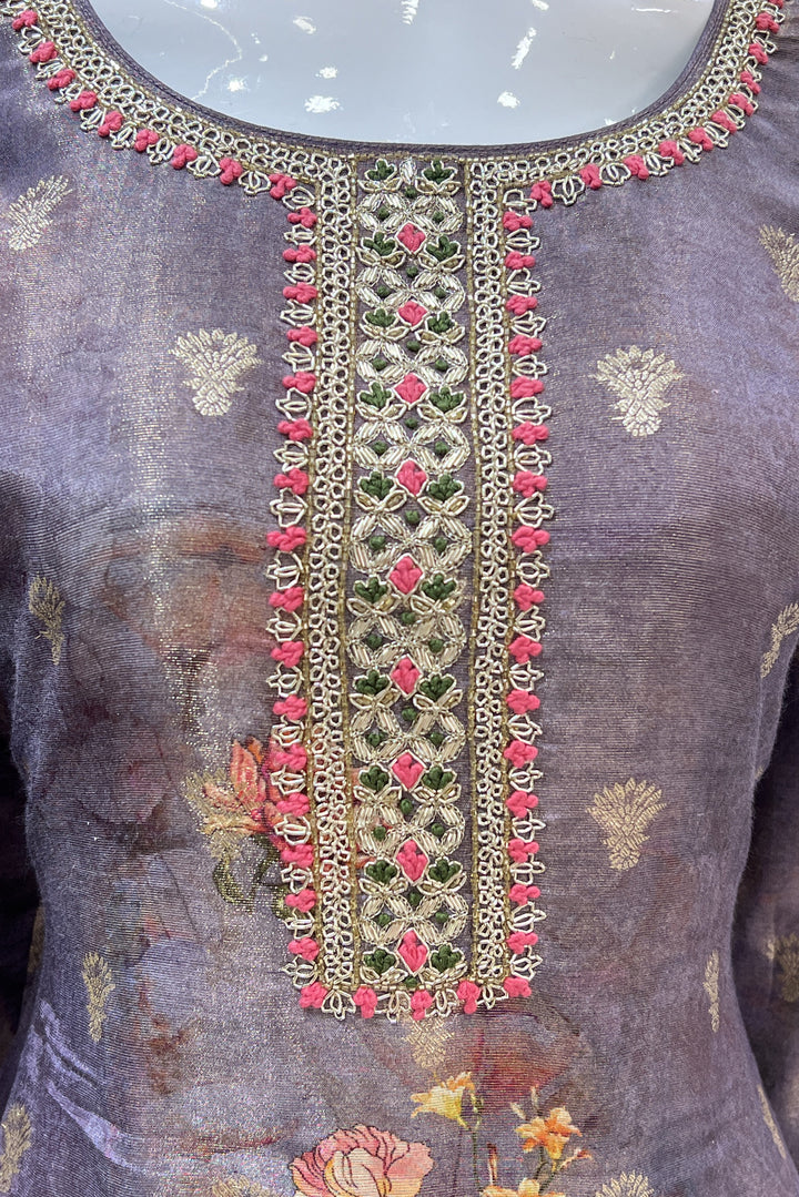 Lilac Banaras, Zardozi and Thread work with Floral Print Straight Cut Salwar Suit