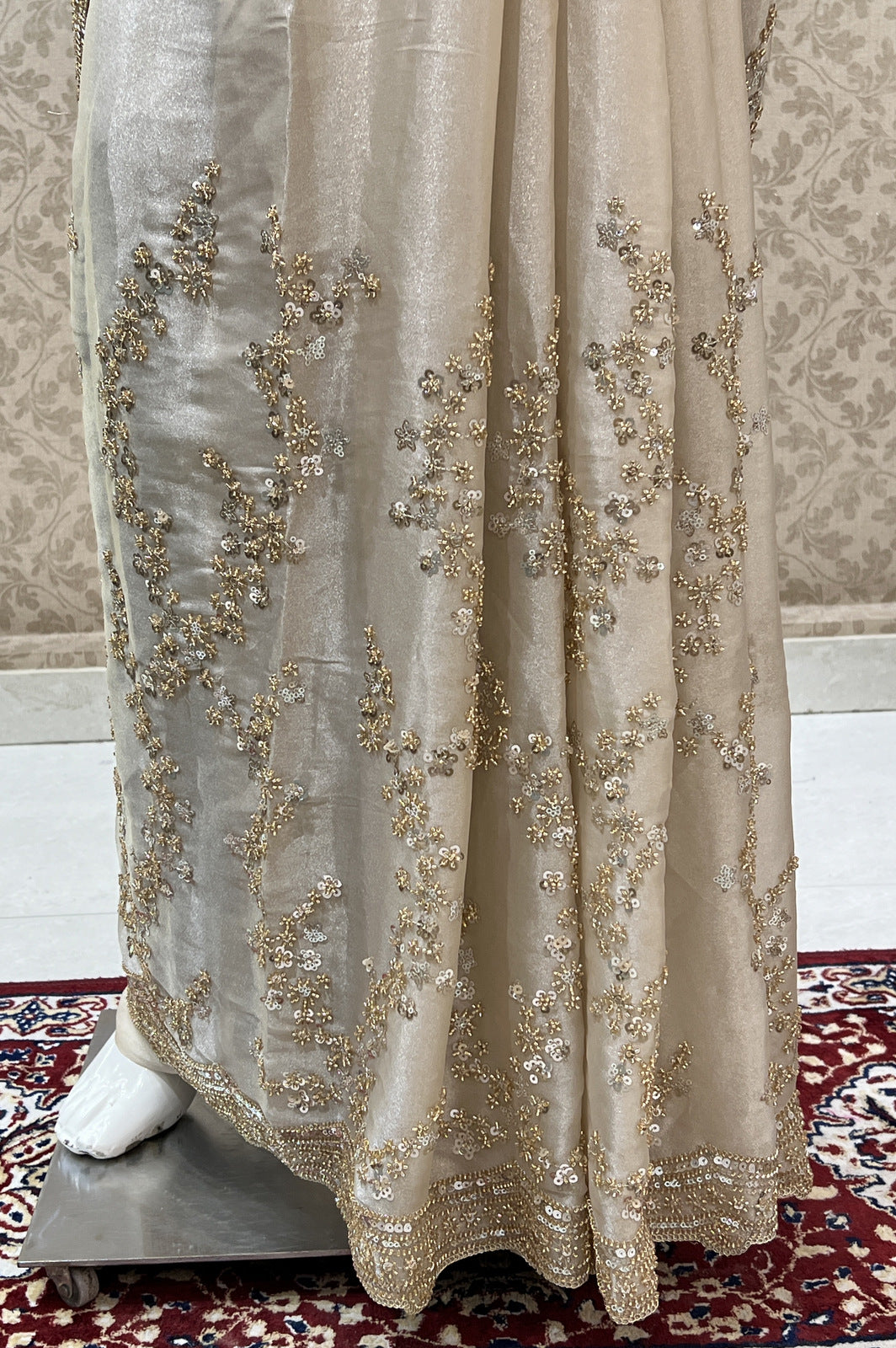 Beige Beads and Sequins work Saree