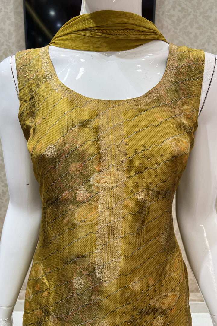 Olive Green Banaras work with Digital Print Straight Cut Salwar Suit