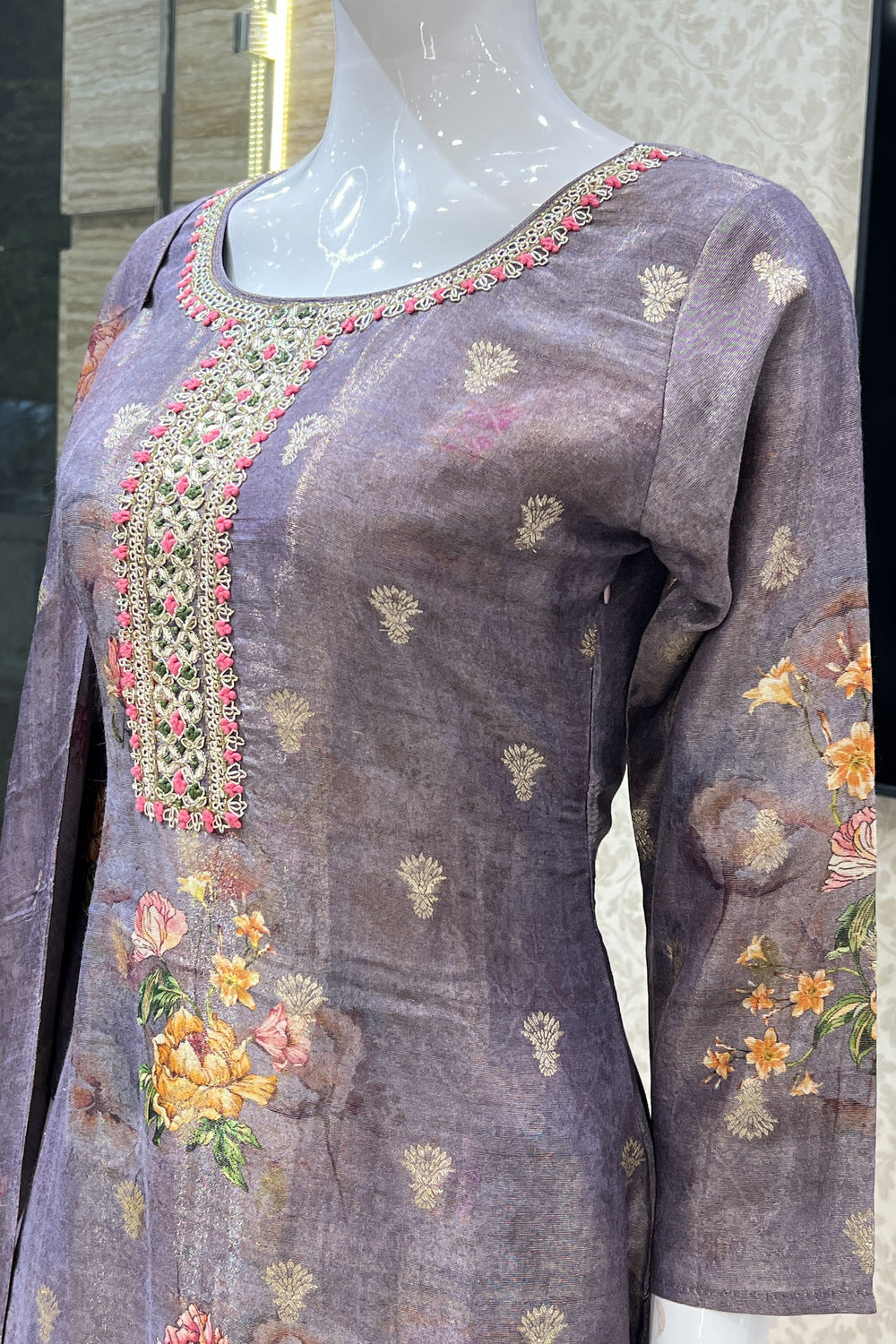 Lilac Banaras, Zardozi and Thread work with Floral Print Straight Cut Salwar Suit