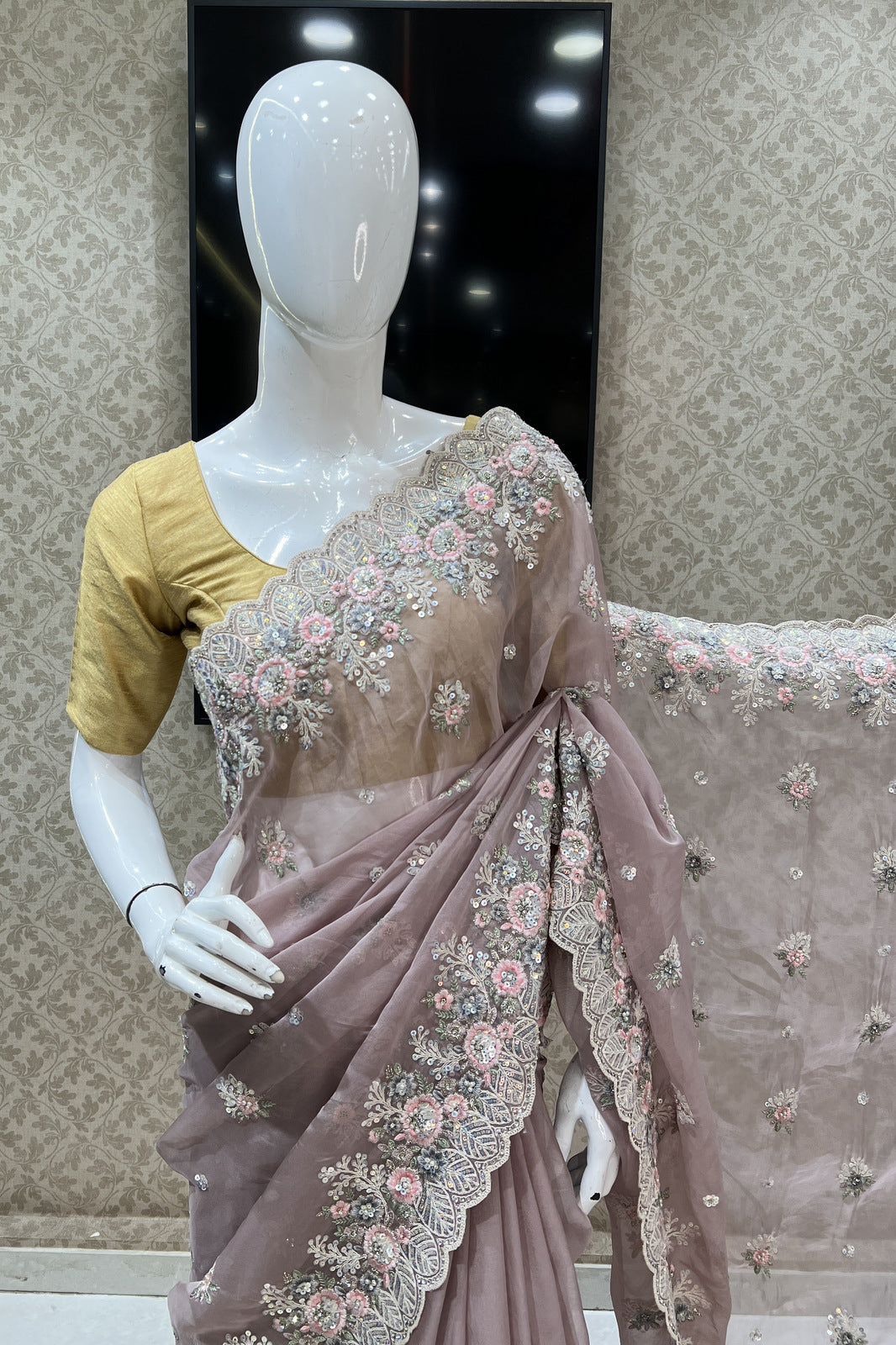 Onion Sequins, Embroidery and Zari work Saree