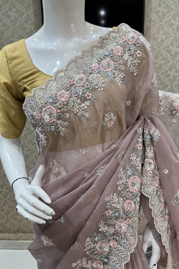 Onion Sequins, Embroidery and Zari work Saree