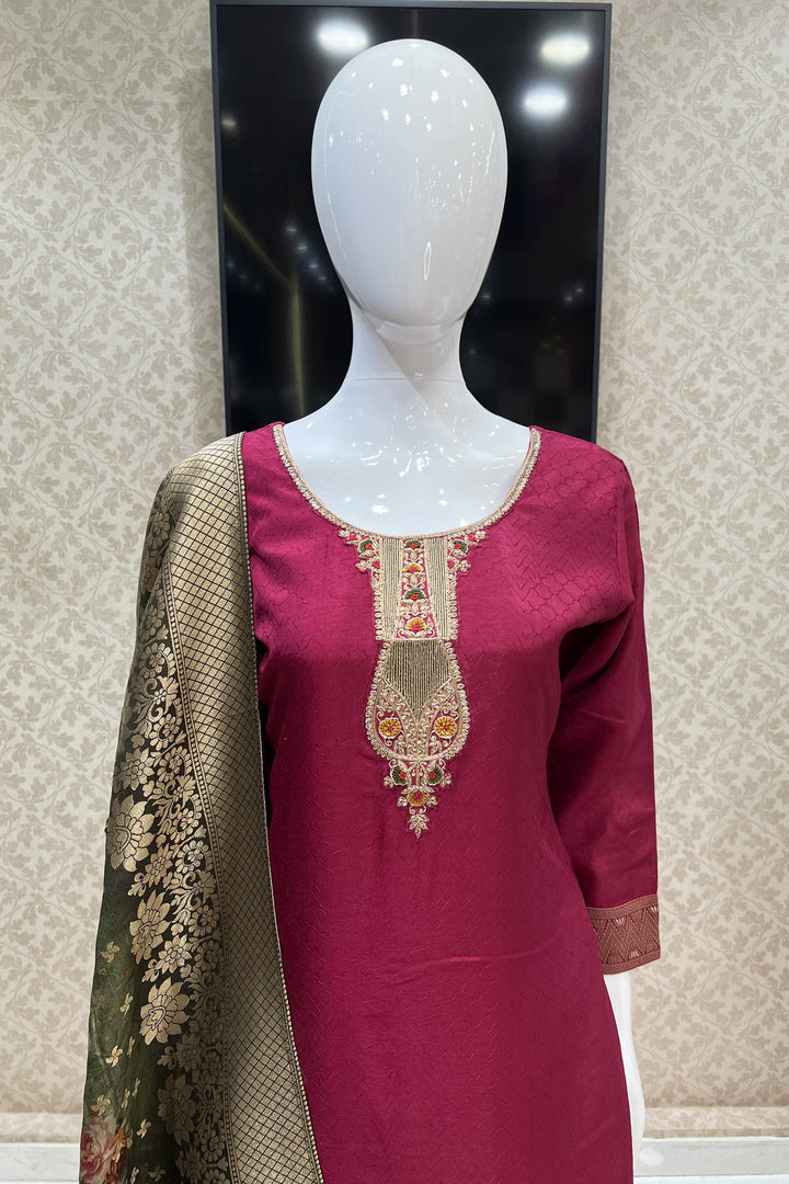 Maroon Banaras, Zardozi, Thread and Sequins work Straight Cut Salwar Suit