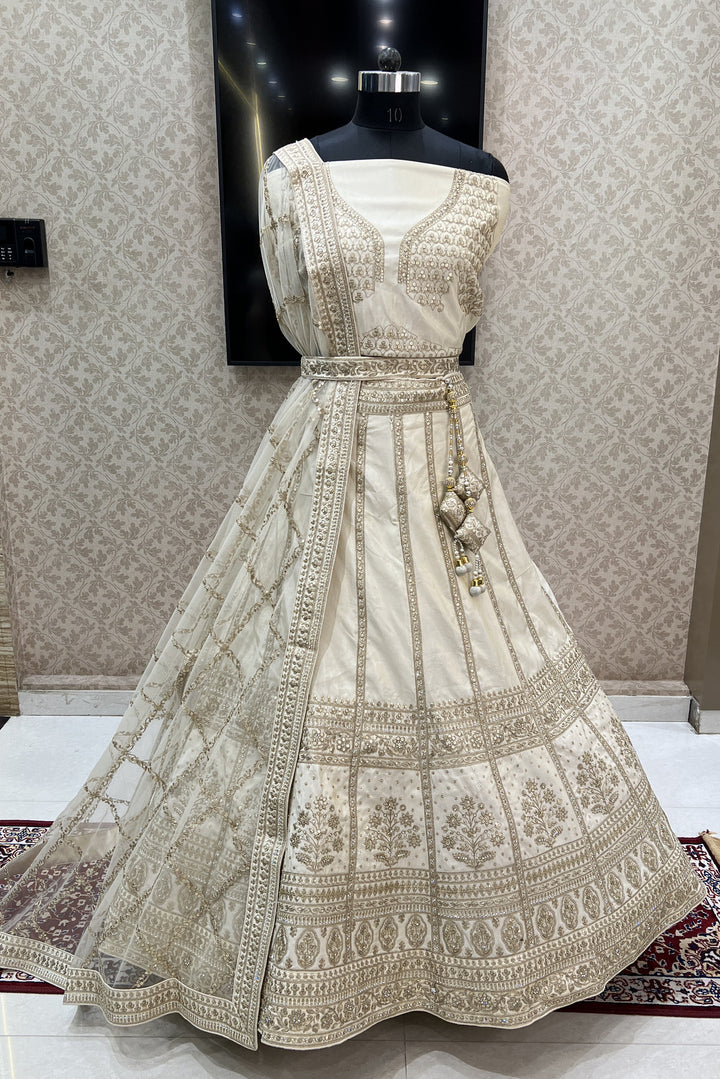 Cream Sequins, Zari and Stone work Semi Stitched Designer Bridal Lehenga