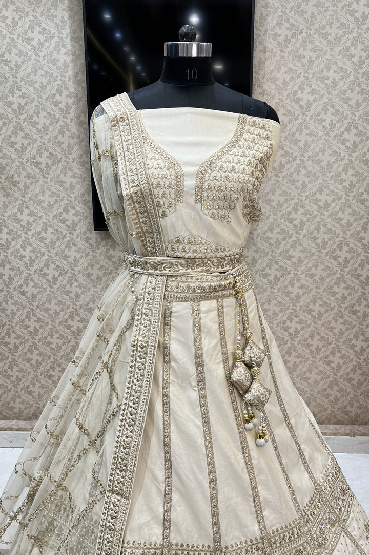 Cream Sequins, Zari and Stone work Semi Stitched Designer Bridal Lehenga