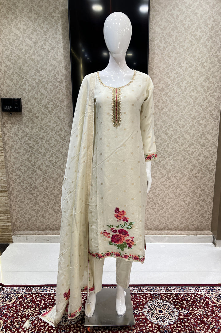 Cream Banaras, Zardozi, Pearl and Multicolor Embroidery work Straight Cut Salwar Suit