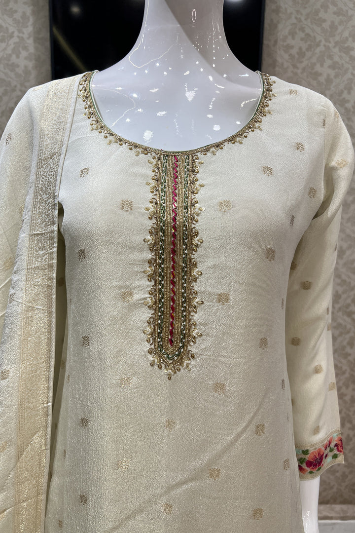 Cream Banaras, Zardozi, Pearl and Multicolor Embroidery work Straight Cut Salwar Suit