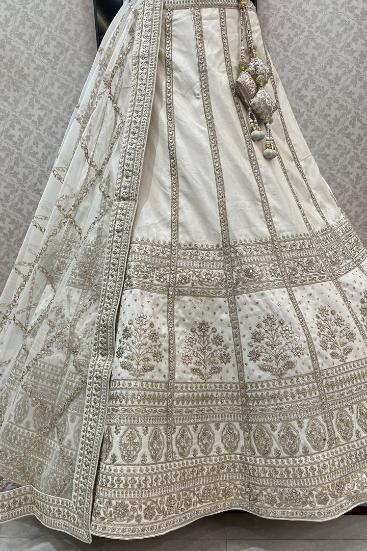 Cream Sequins, Zari and Stone work Semi Stitched Designer Bridal Lehenga