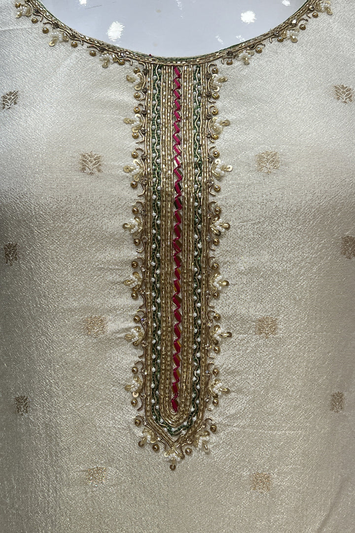 Cream Banaras, Zardozi, Pearl and Multicolor Embroidery work Straight Cut Salwar Suit