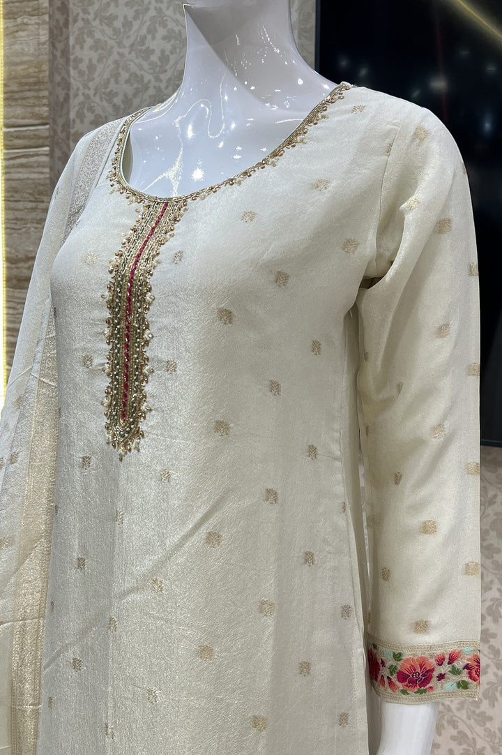 Cream Banaras, Zardozi, Pearl and Multicolor Embroidery work Straight Cut Salwar Suit