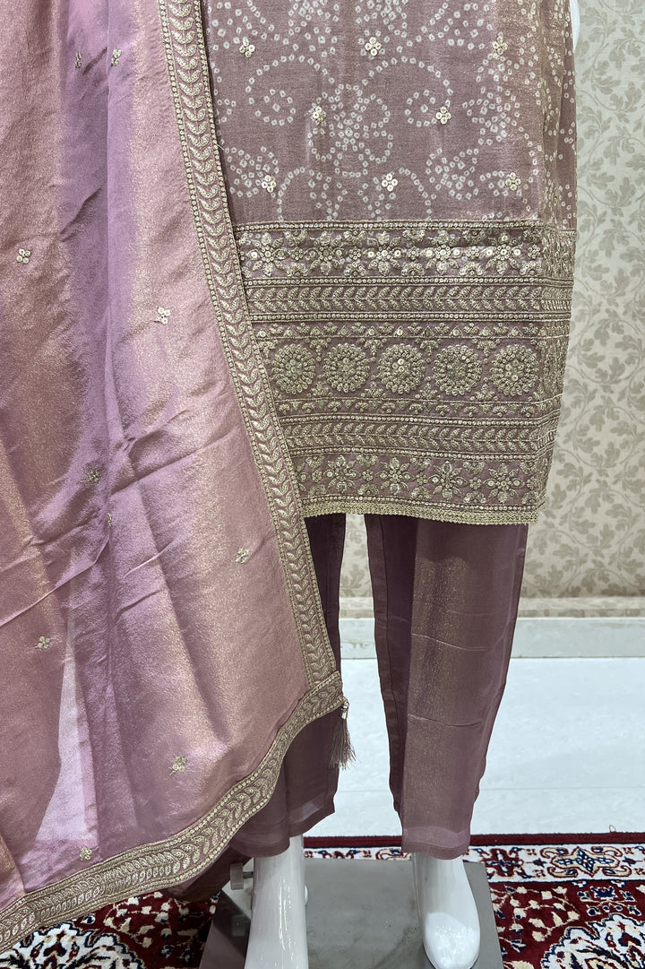 Onion Pink Sequins and Zari work with Bandini Print Straight Cut Salwar Suit