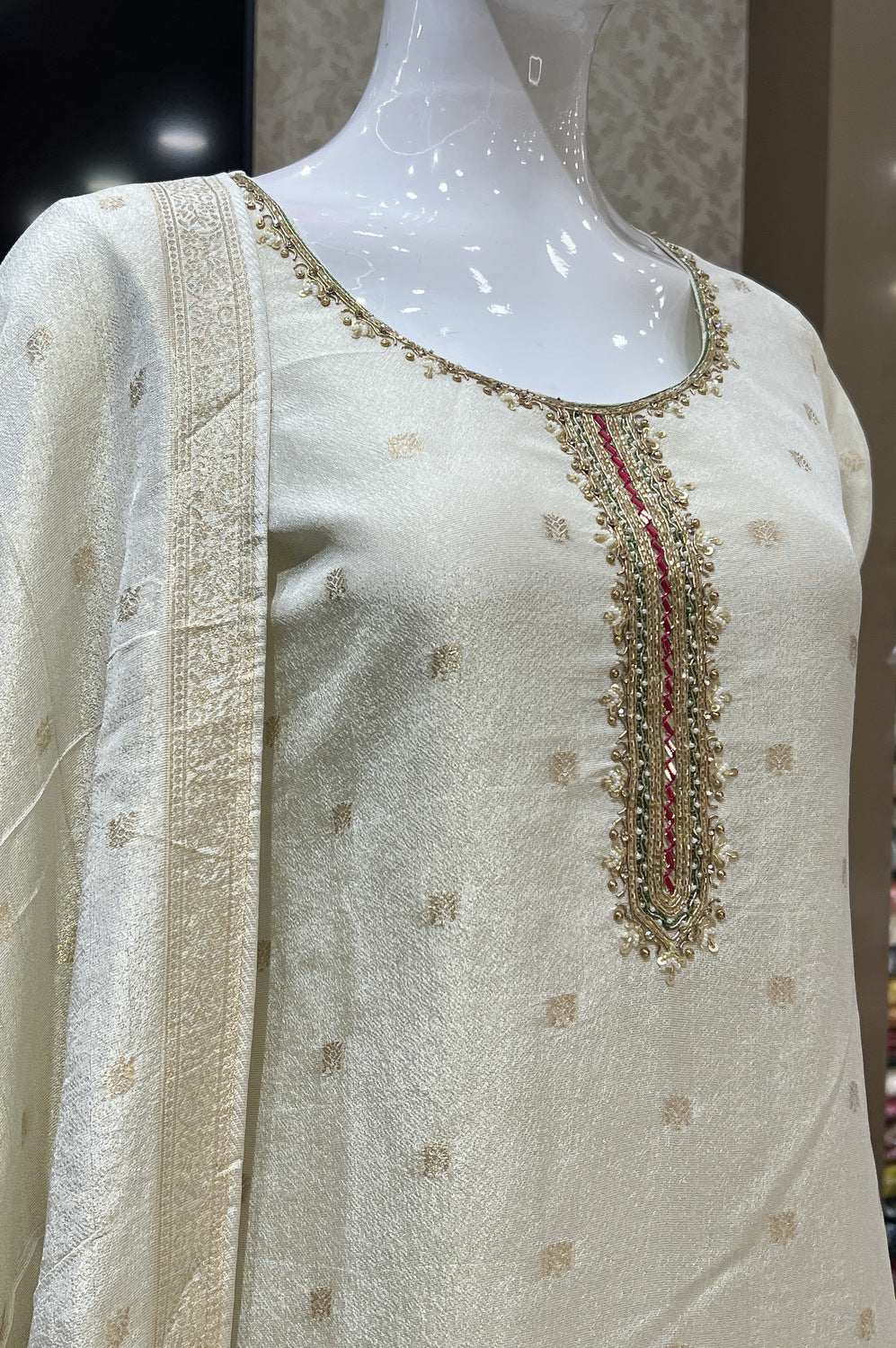 Cream Banaras, Zardozi, Pearl and Multicolor Embroidery work Straight Cut Salwar Suit