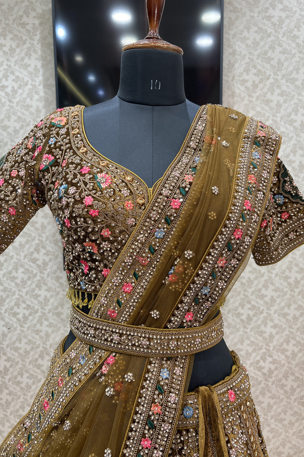 Honey Embroidery, Stone and Zari work Crop Top Designer Bridal Lehenga