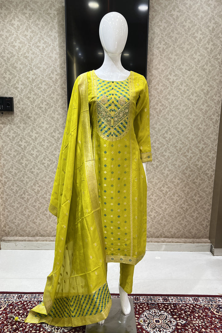 Liril Green Banaras, Beads, Sequins, Pearl and Zardozi work Straight Cut Salwar Suit