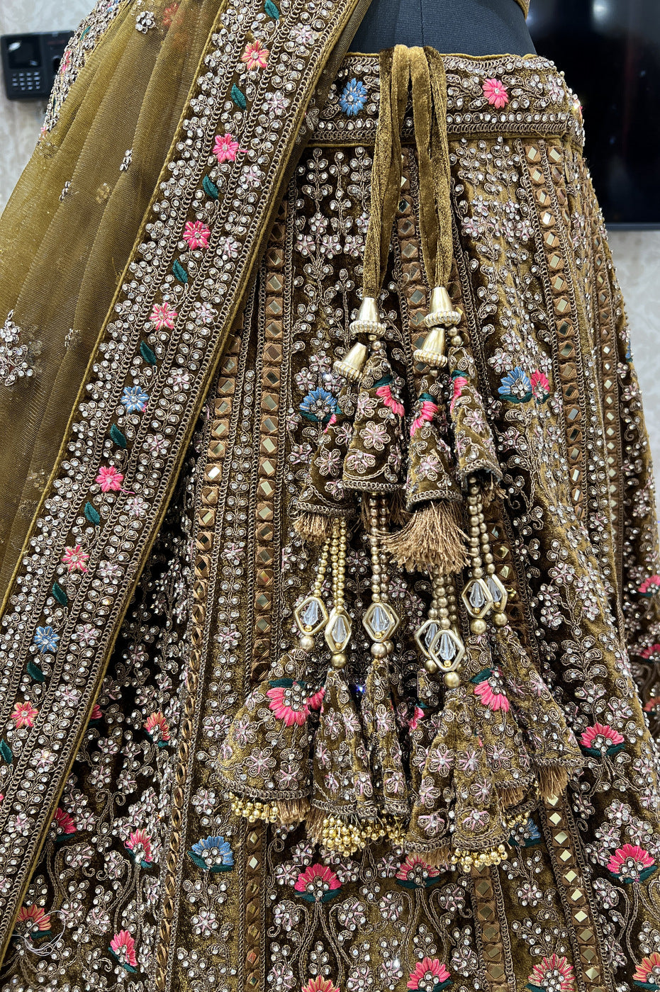 Honey Embroidery, Stone and Zari work Crop Top Designer Bridal Lehenga