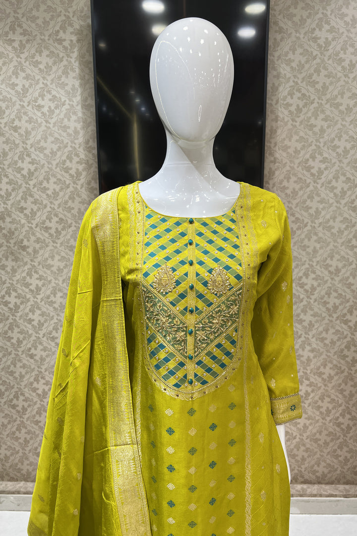 Liril Green Banaras, Beads, Sequins, Pearl and Zardozi work Straight Cut Salwar Suit