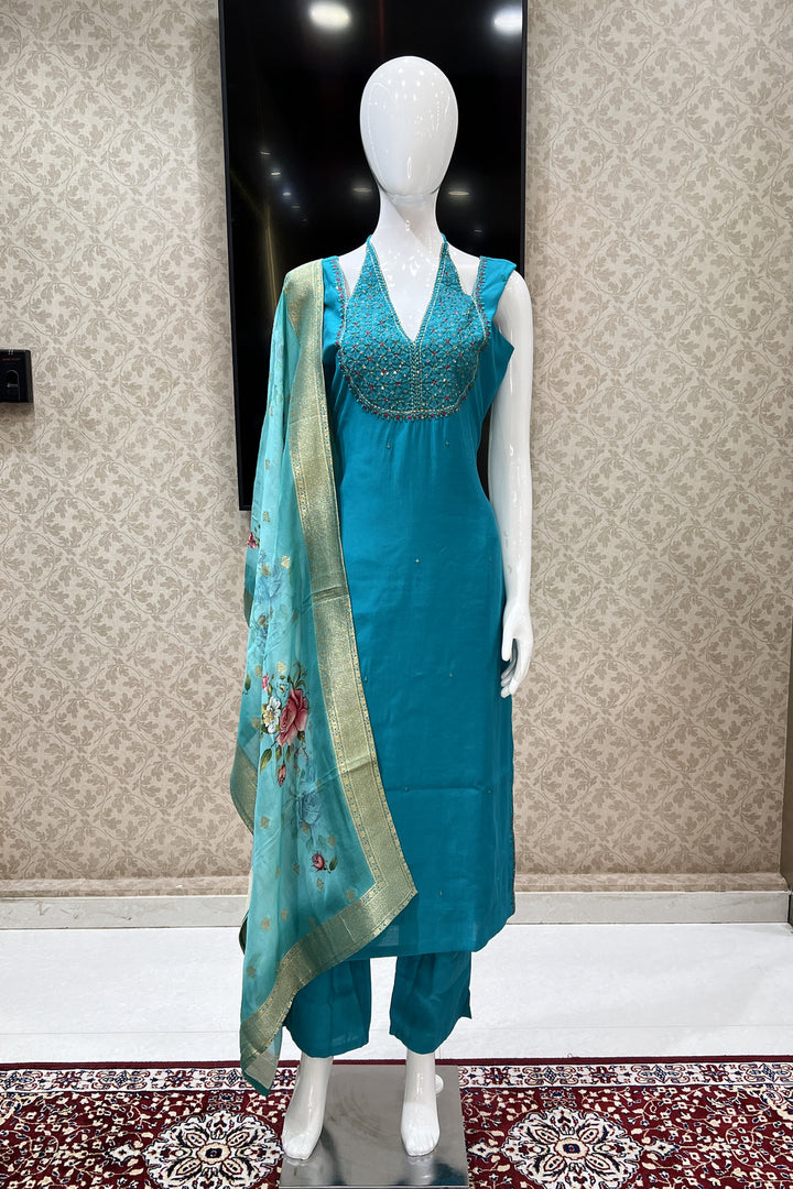 Rama Green Mirror, Thread and Zari work Straight Cut Salwar Suit with Floral Print Dupatta