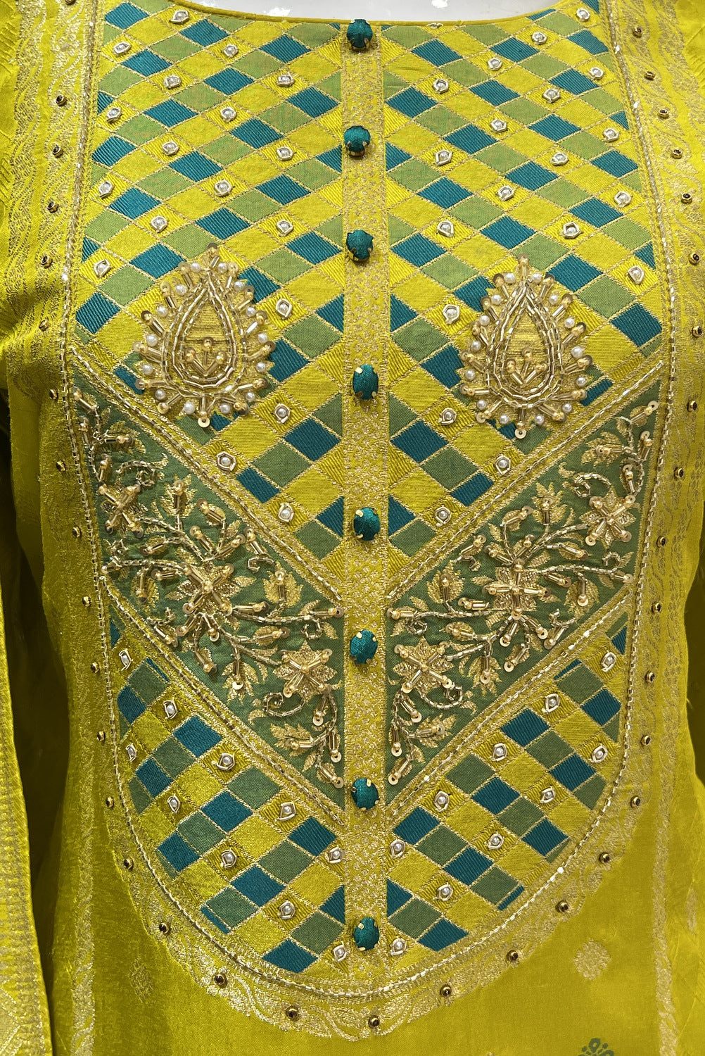 Liril Green Banaras, Beads, Sequins, Pearl and Zardozi work Straight Cut Salwar Suit