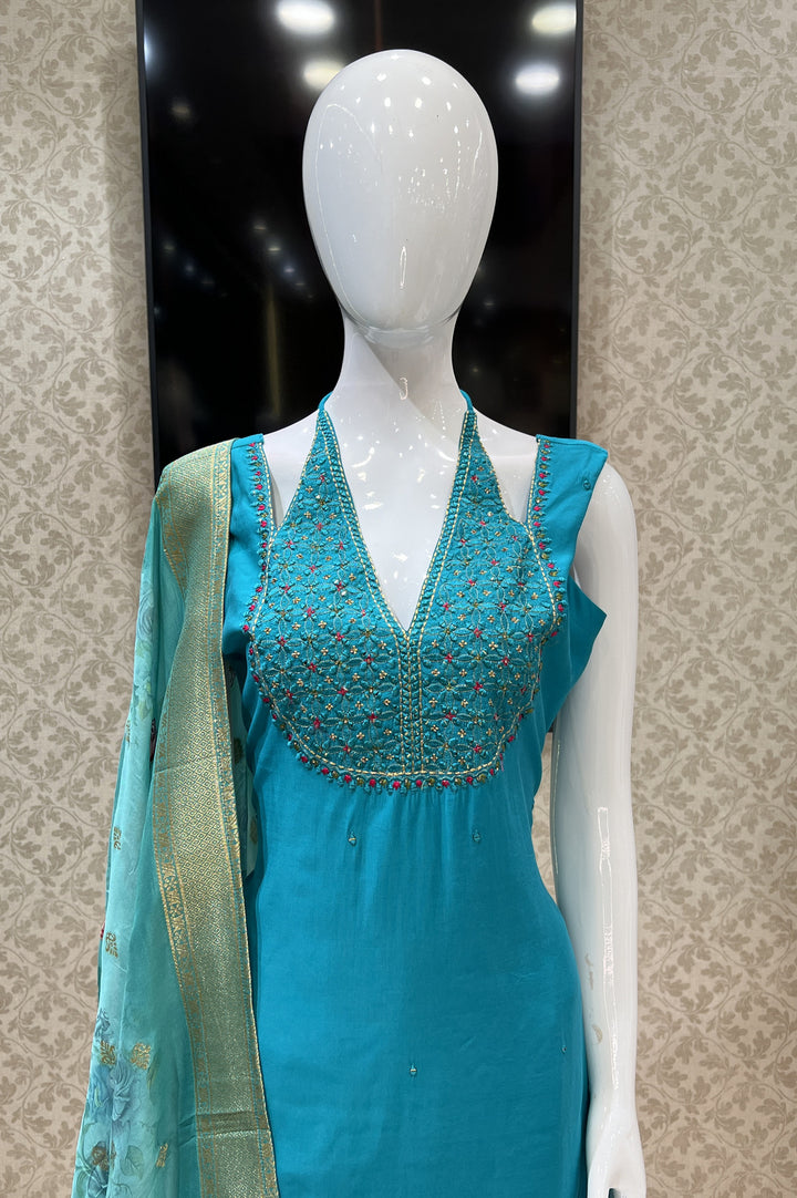 Rama Green Mirror, Thread and Zari work Straight Cut Salwar Suit with Floral Print Dupatta