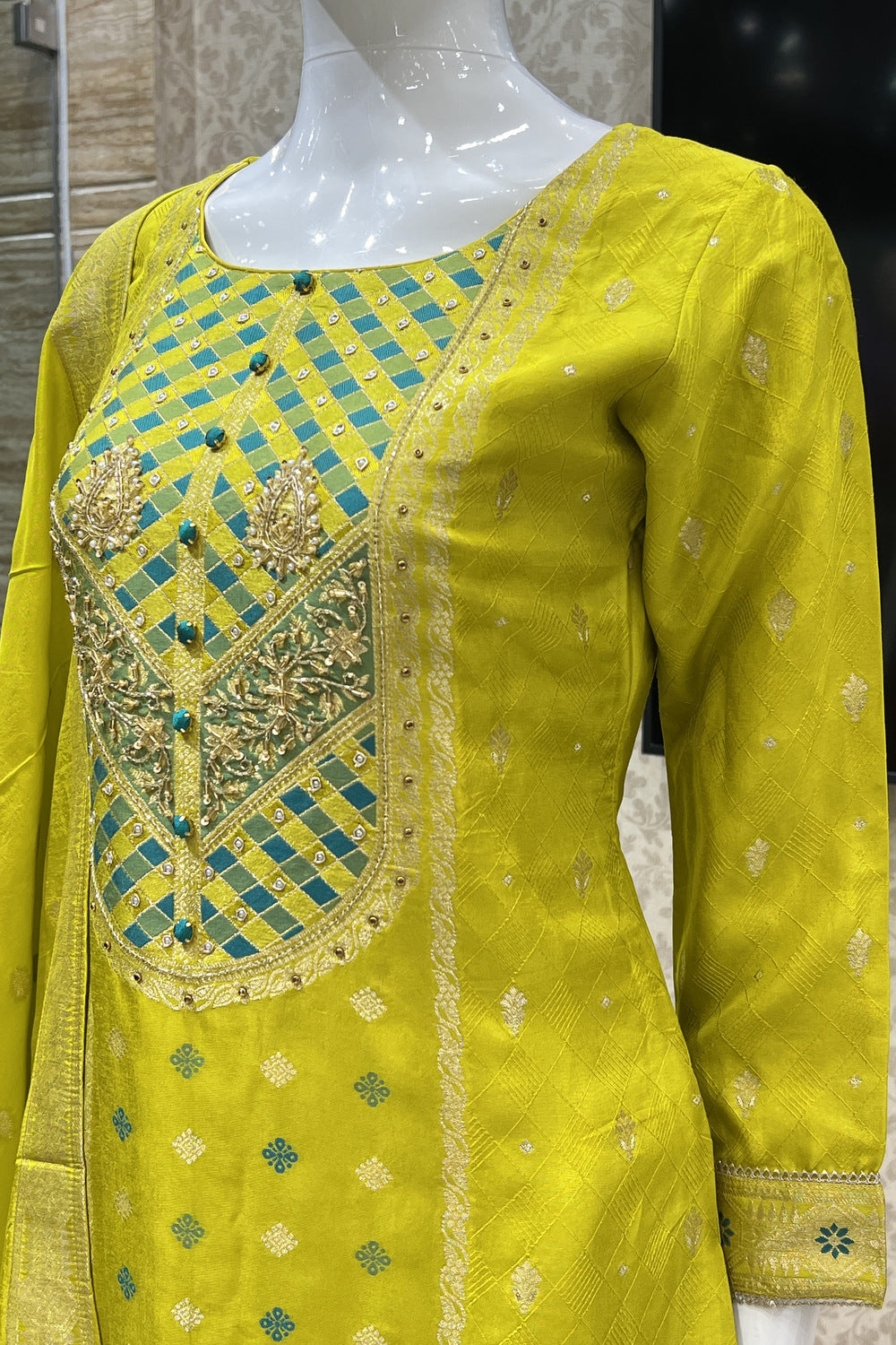 Liril Green Banaras, Beads, Sequins, Pearl and Zardozi work Straight Cut Salwar Suit