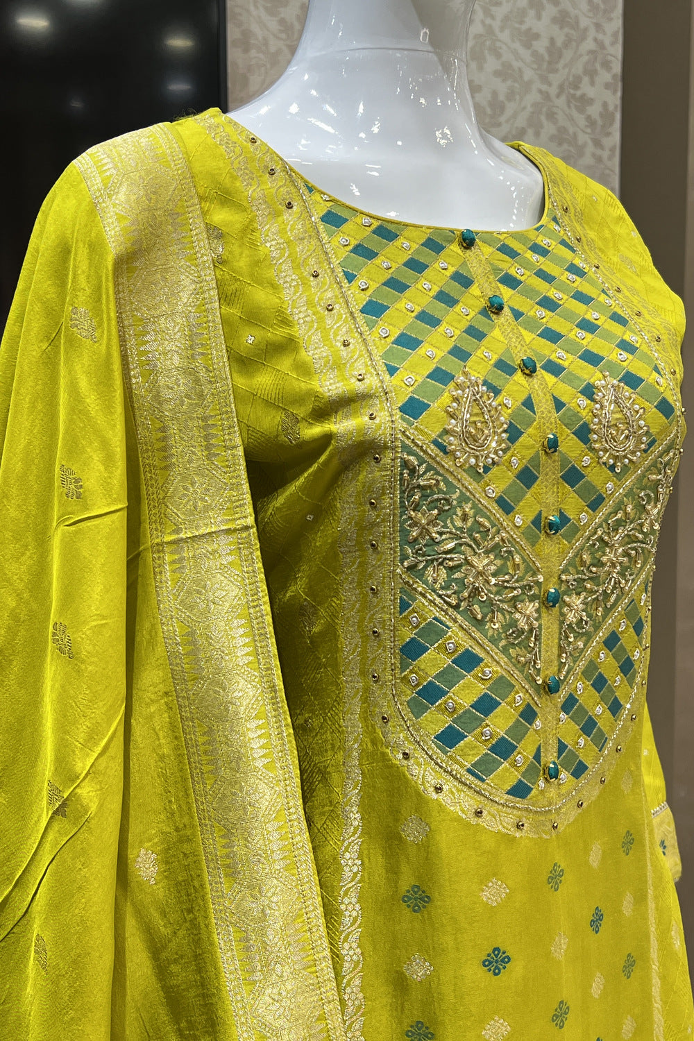 Liril Green Banaras, Beads, Sequins, Pearl and Zardozi work Straight Cut Salwar Suit