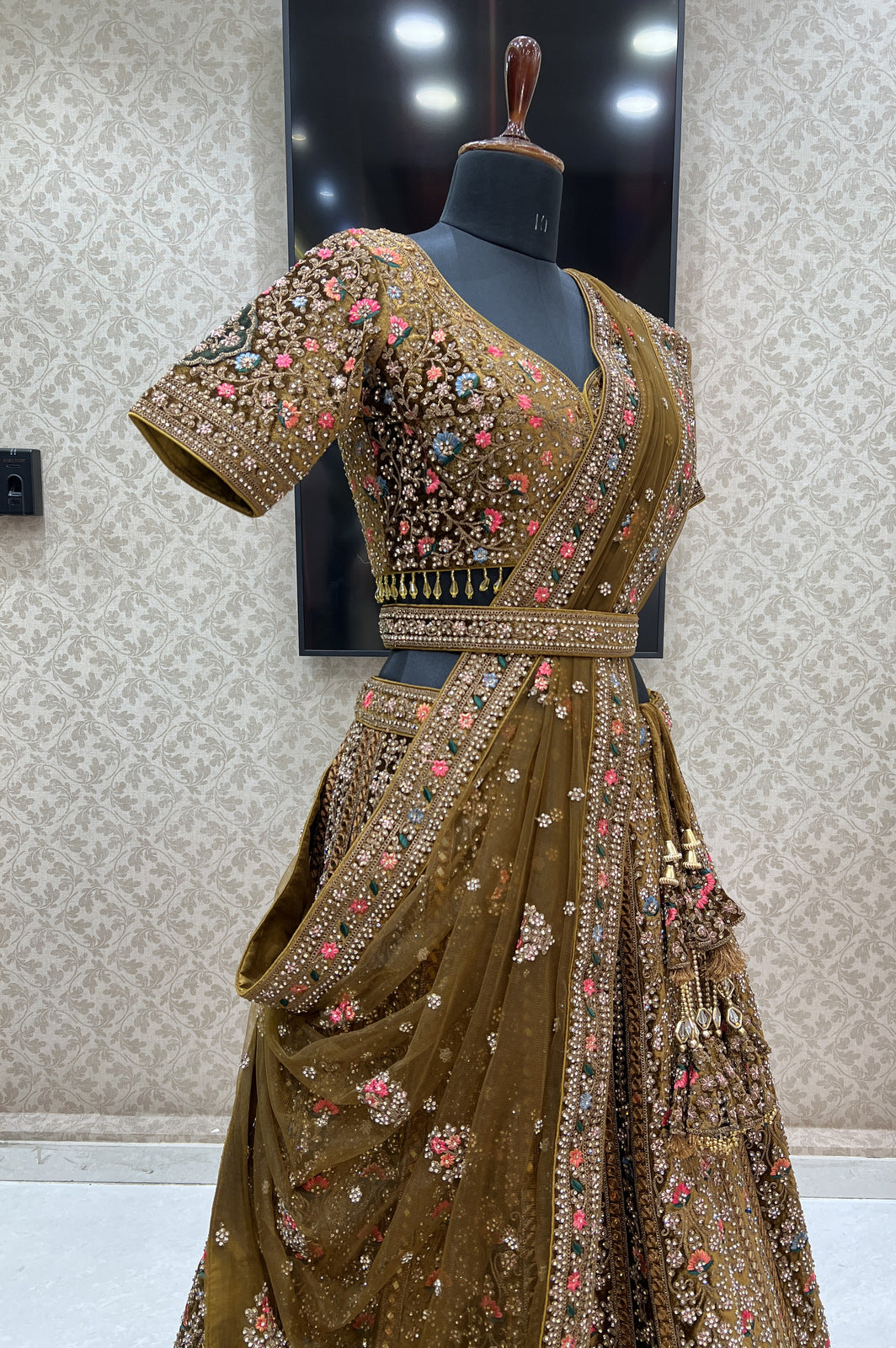 Honey Embroidery, Stone and Zari work Crop Top Designer Bridal Lehenga