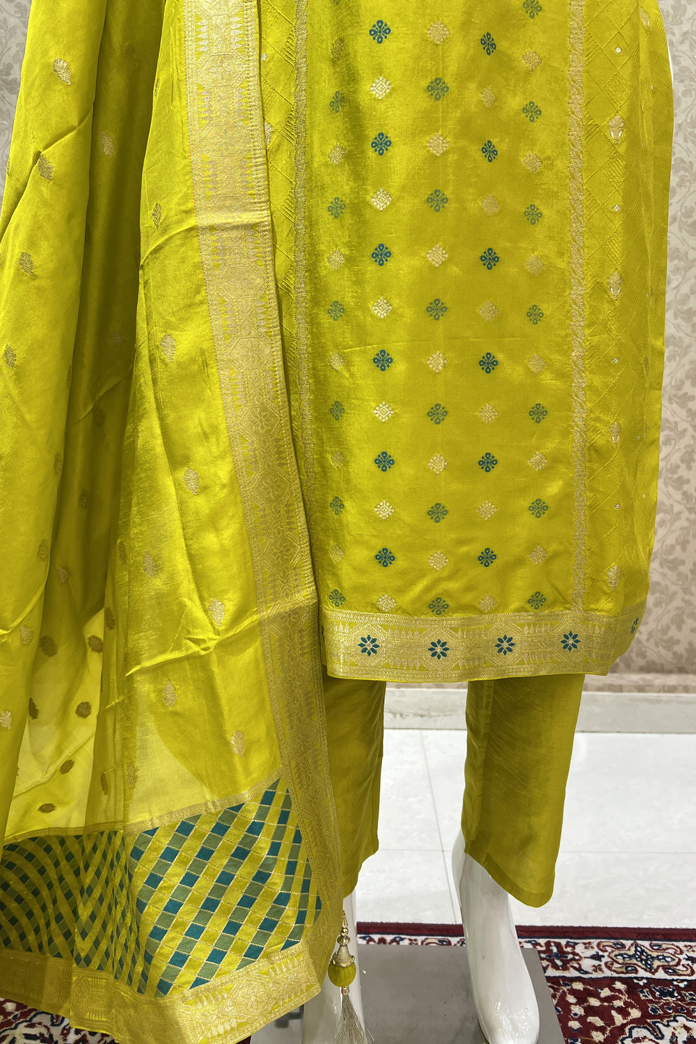 Liril Green Banaras, Beads, Sequins, Pearl and Zardozi work Straight Cut Salwar Suit